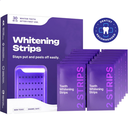 Teeth whitening strips packaging with promotional text on a white background