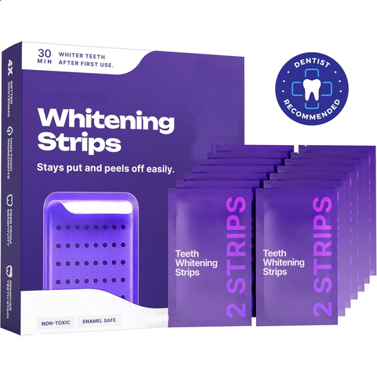 Teeth whitening strips packaging with promotional text on a white background